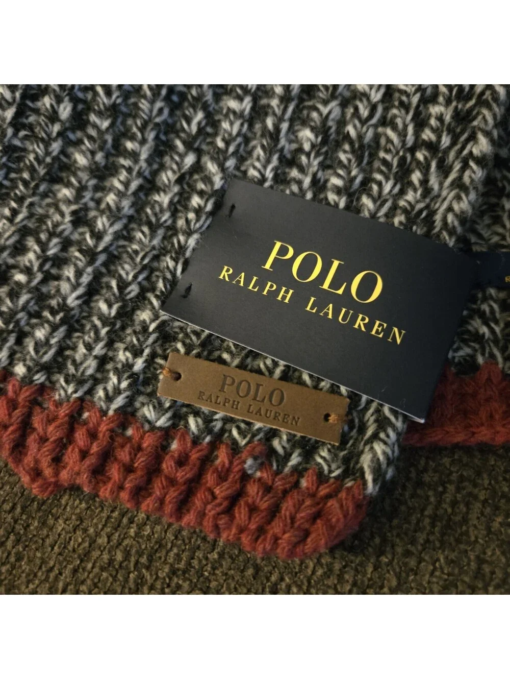 NWT Polo Ralph Lauren Marled Scarf Merino Wool Blend Grey Black Red 6F0415